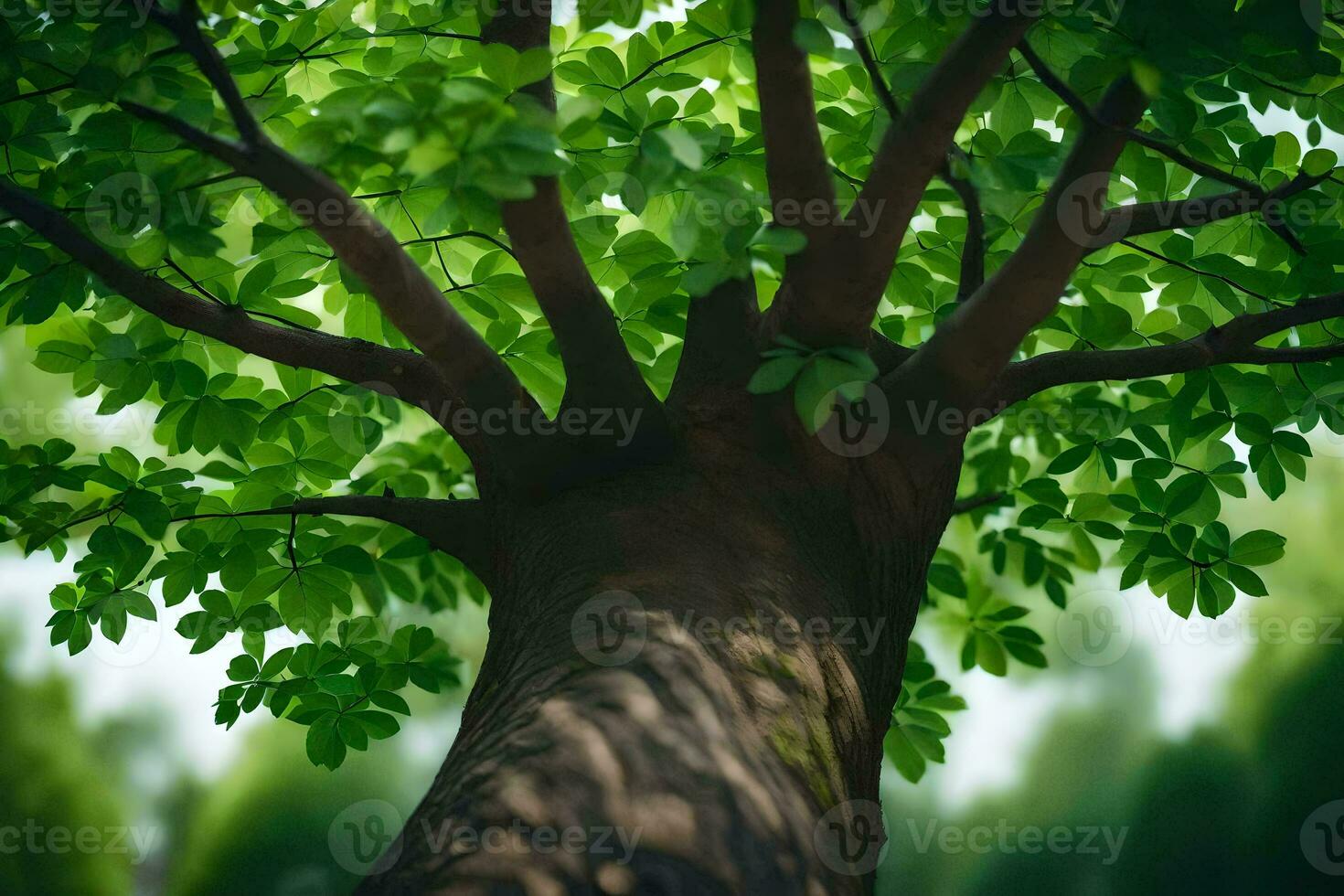 un árbol con verde hojas en el bosque. generado por ai foto