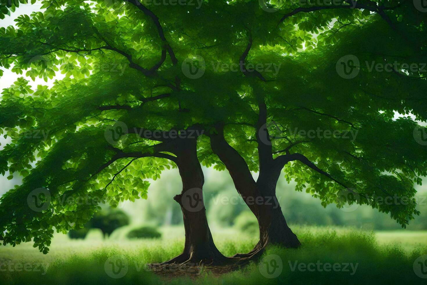 two trees in the middle of a green field. AI-Generated photo