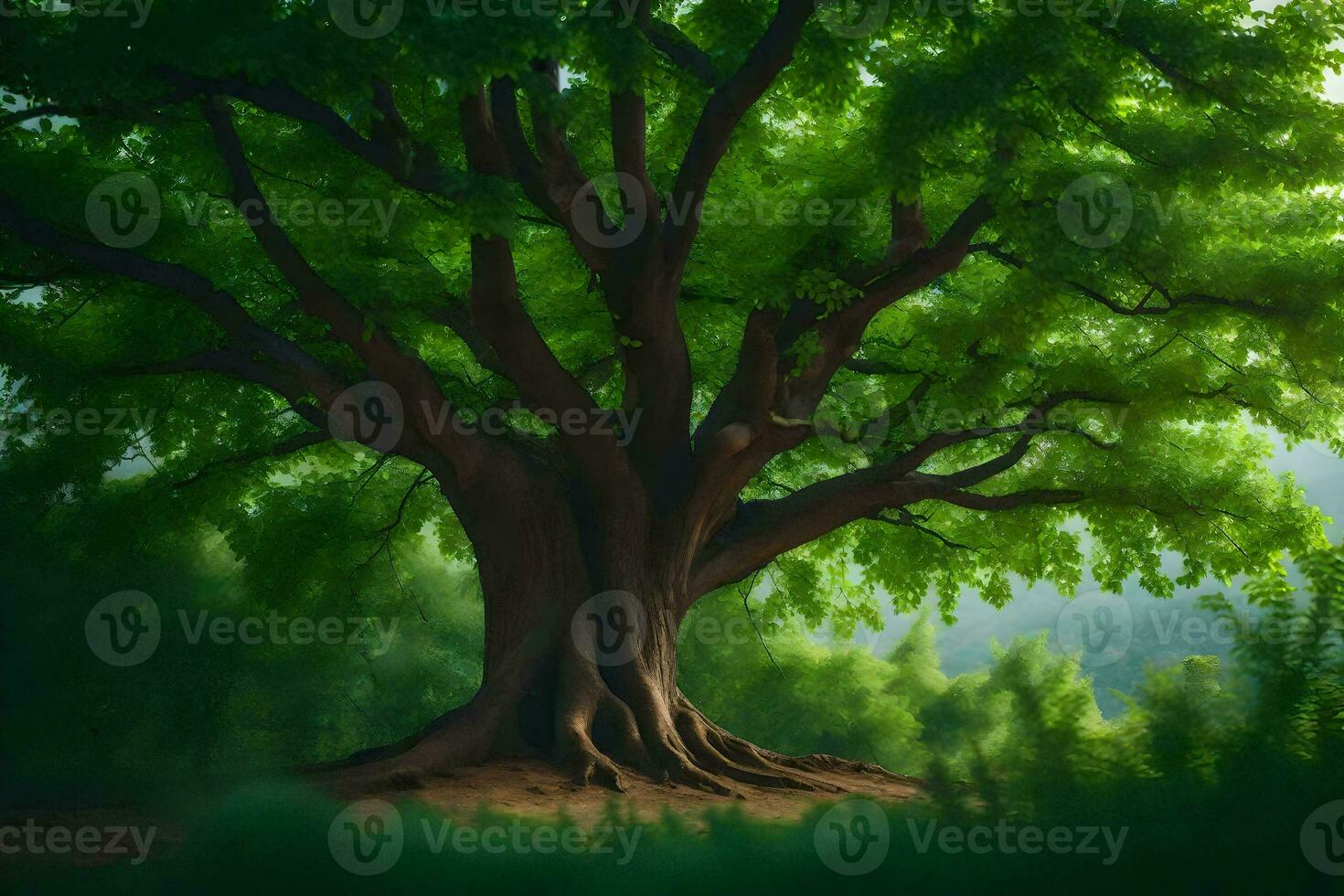 a large tree in the middle of a forest. AI-Generated photo