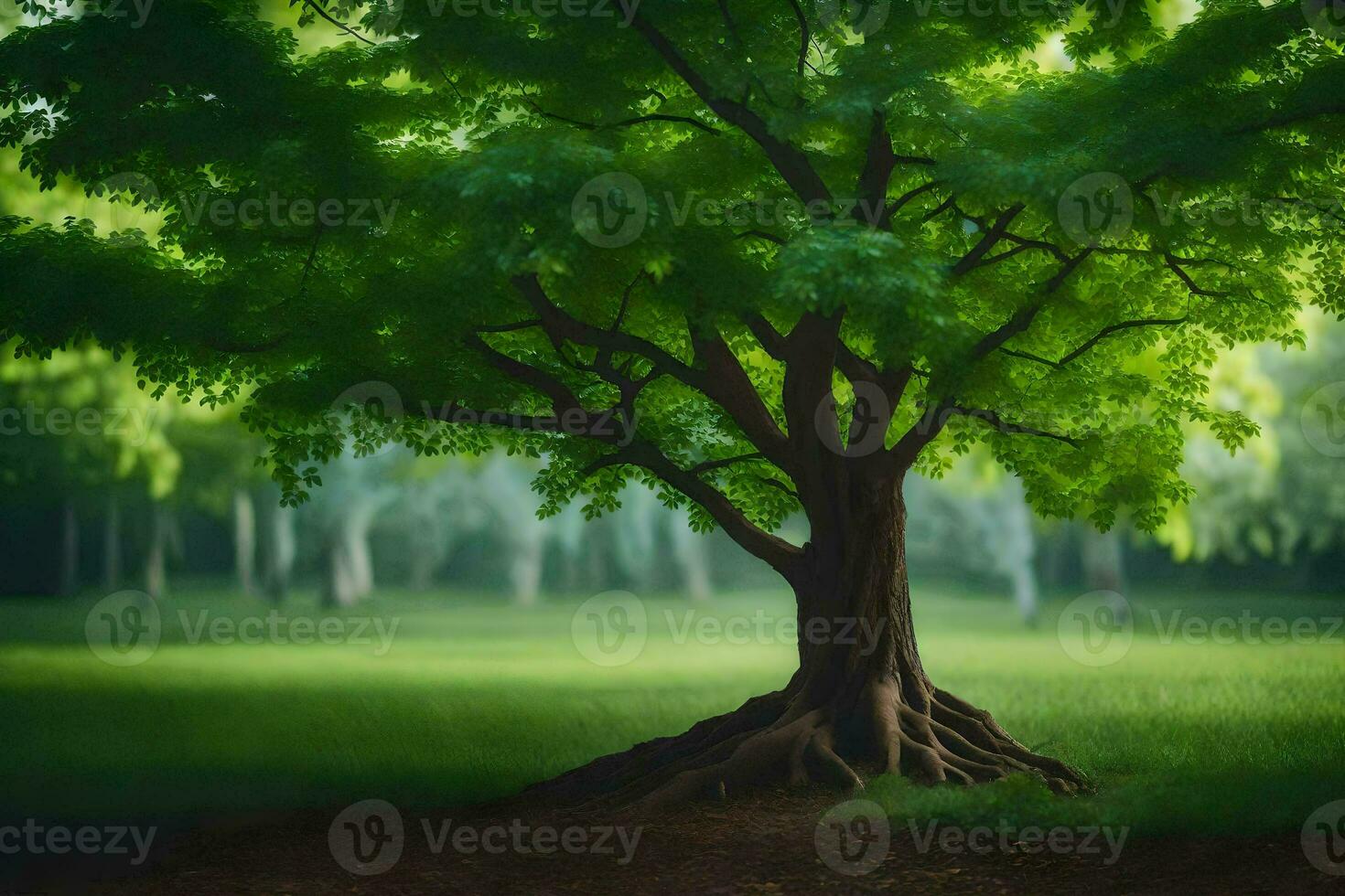 a tree in a green field with grass and trees. AI-Generated photo