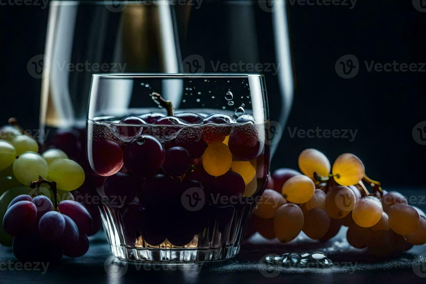 grapes and wine in glasses on a dark table. AI-Generated photo