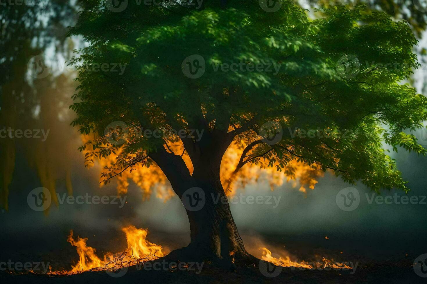 a tree with flames coming out of it in the dark. AI-Generated photo