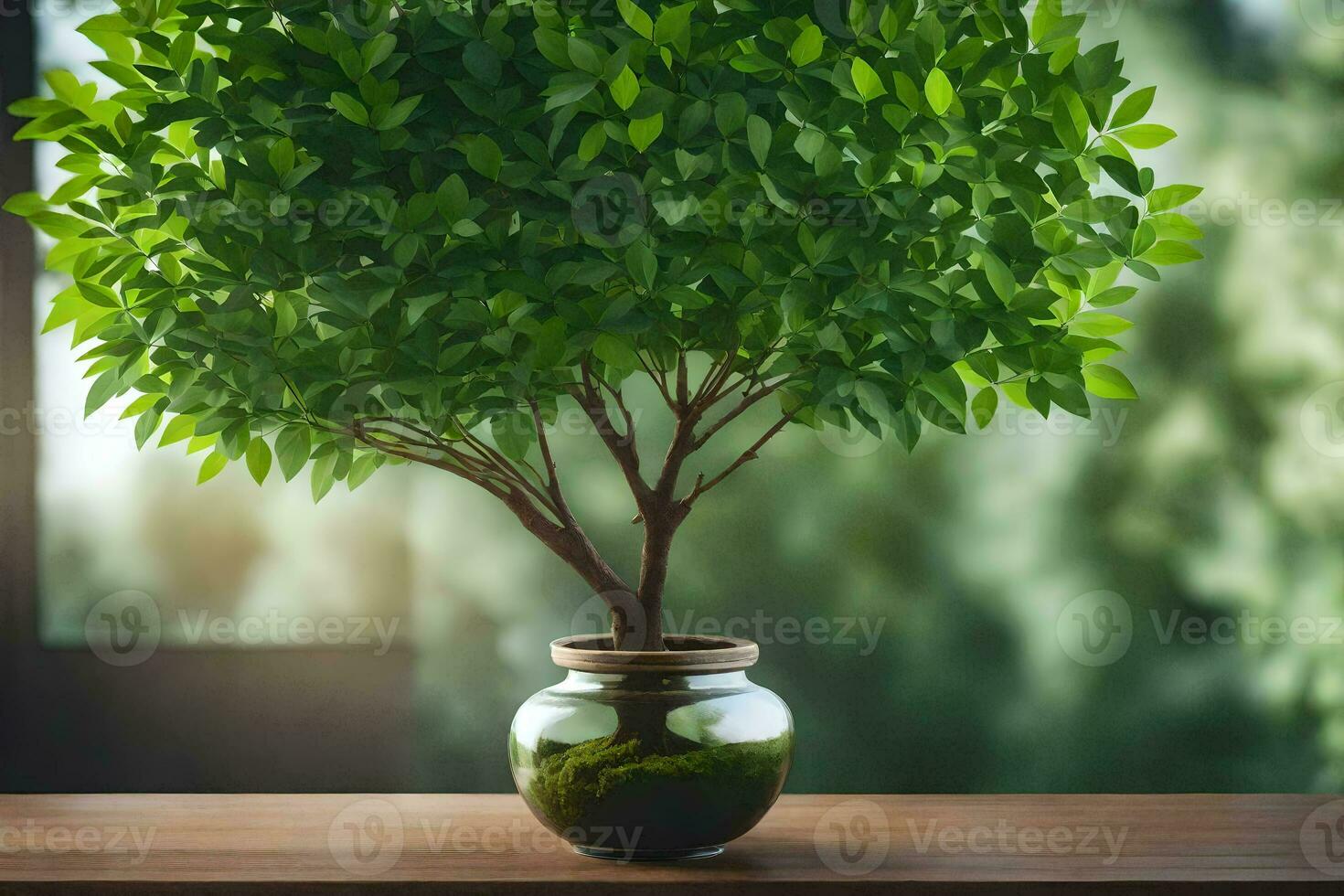 a small tree in a vase on a table. AI-Generated photo