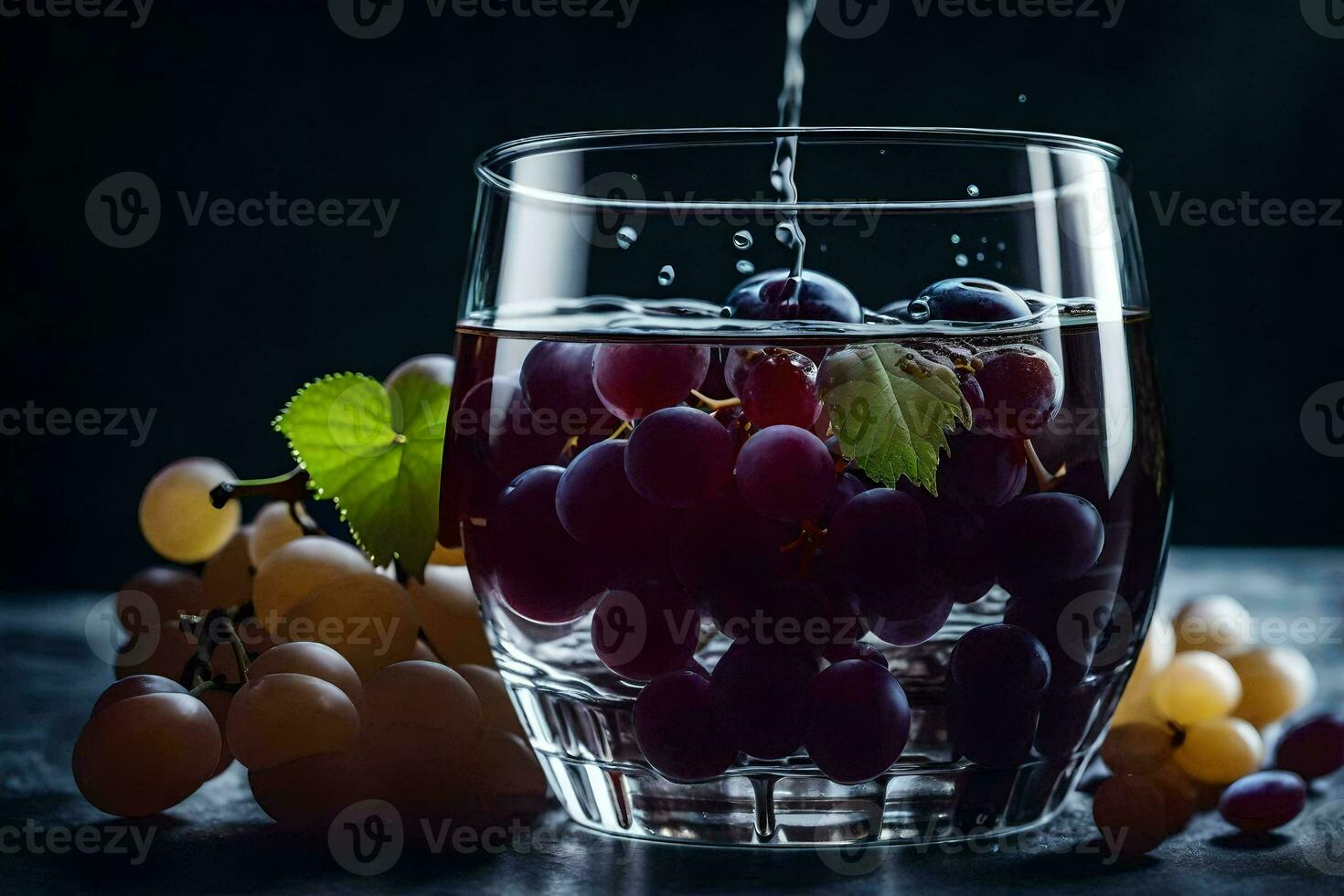 a glass of water with grapes and leaves. AI-Generated photo