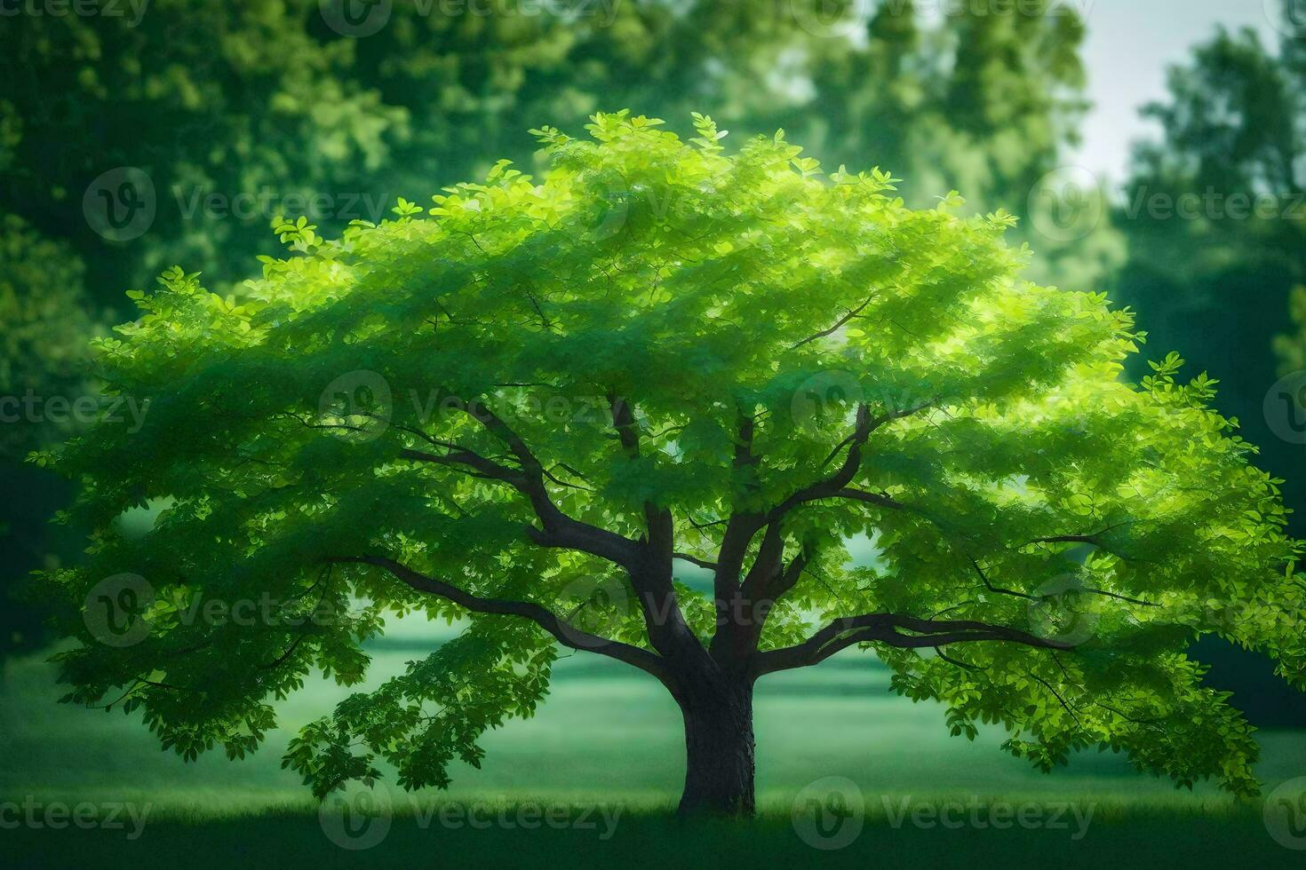 a tree in the middle of a green field. AI-Generated photo