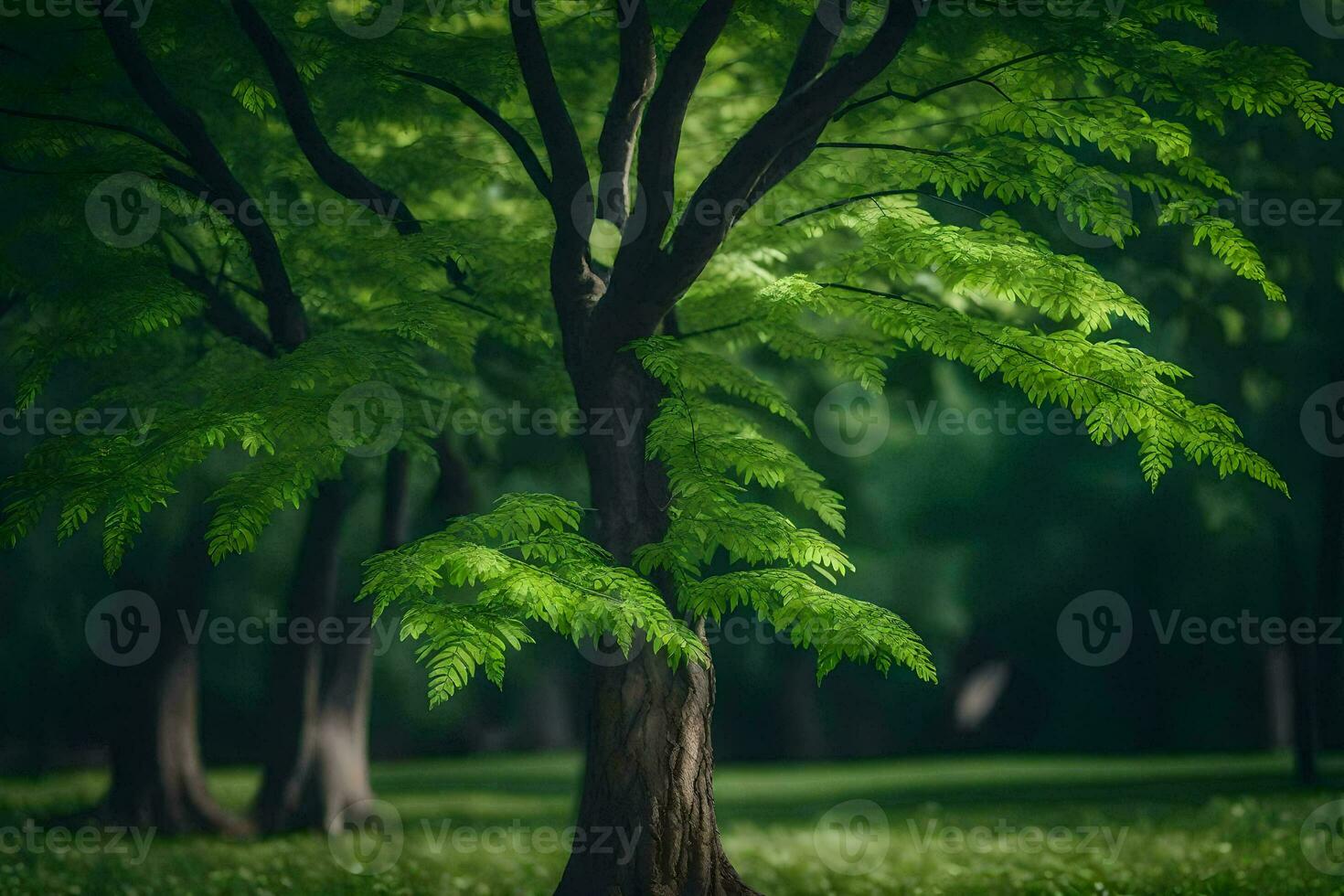 a tree in the middle of a green field. AI-Generated photo