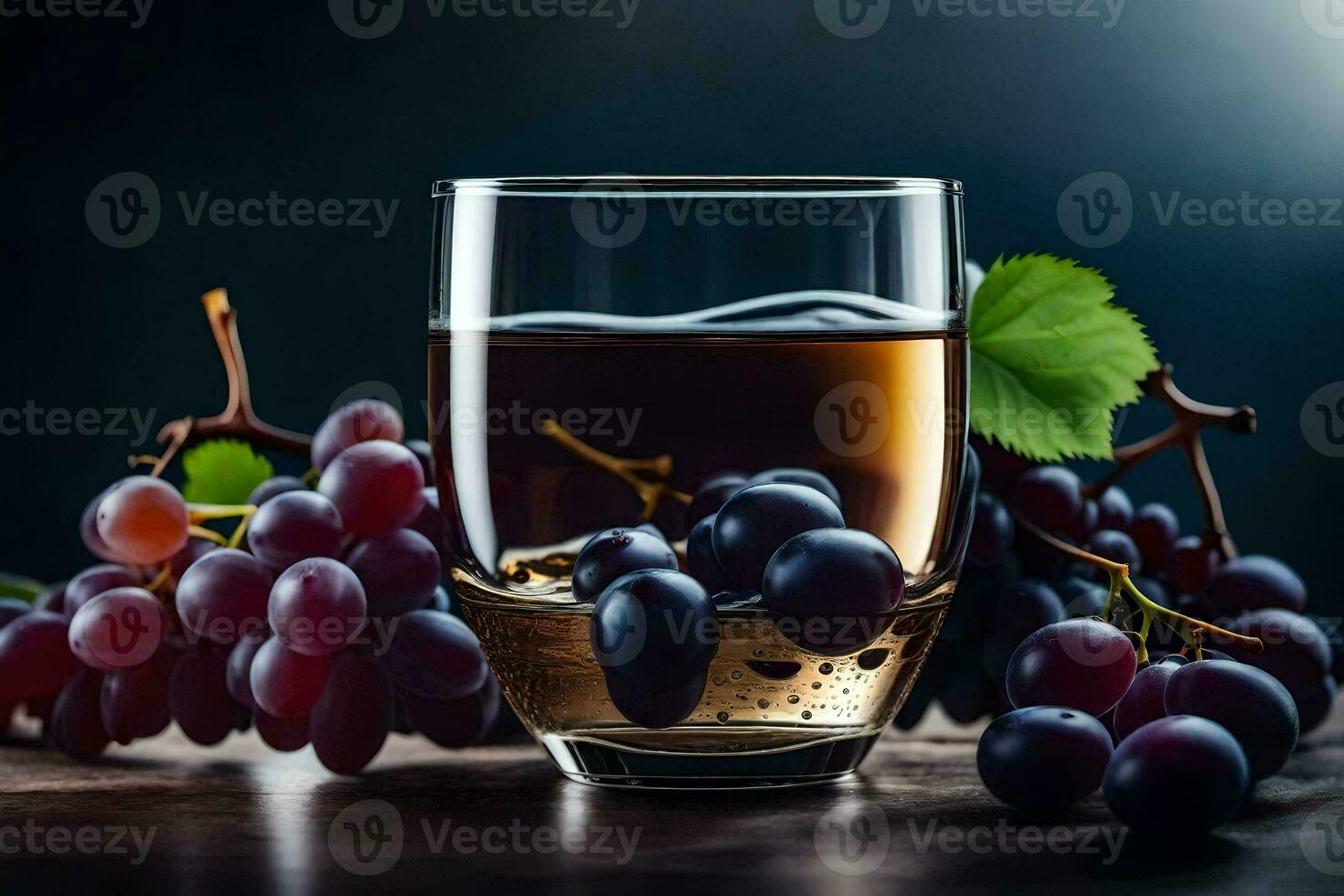 a glass of wine with grapes on a dark table. AI-Generated photo