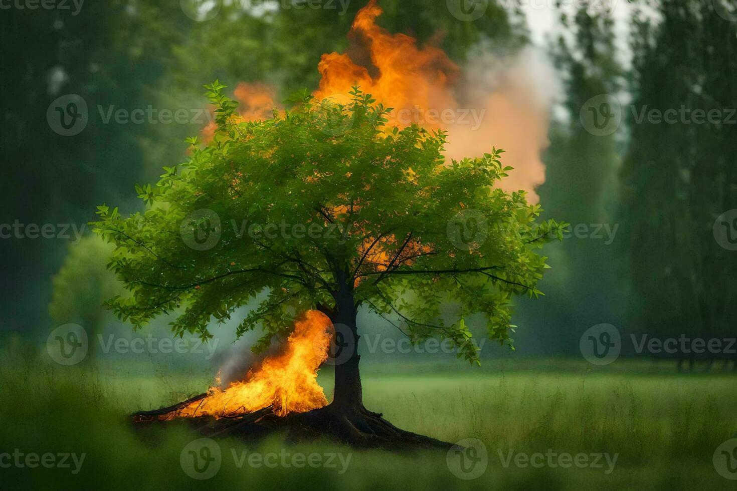 a tree is burning in the middle of a field. AI-Generated photo