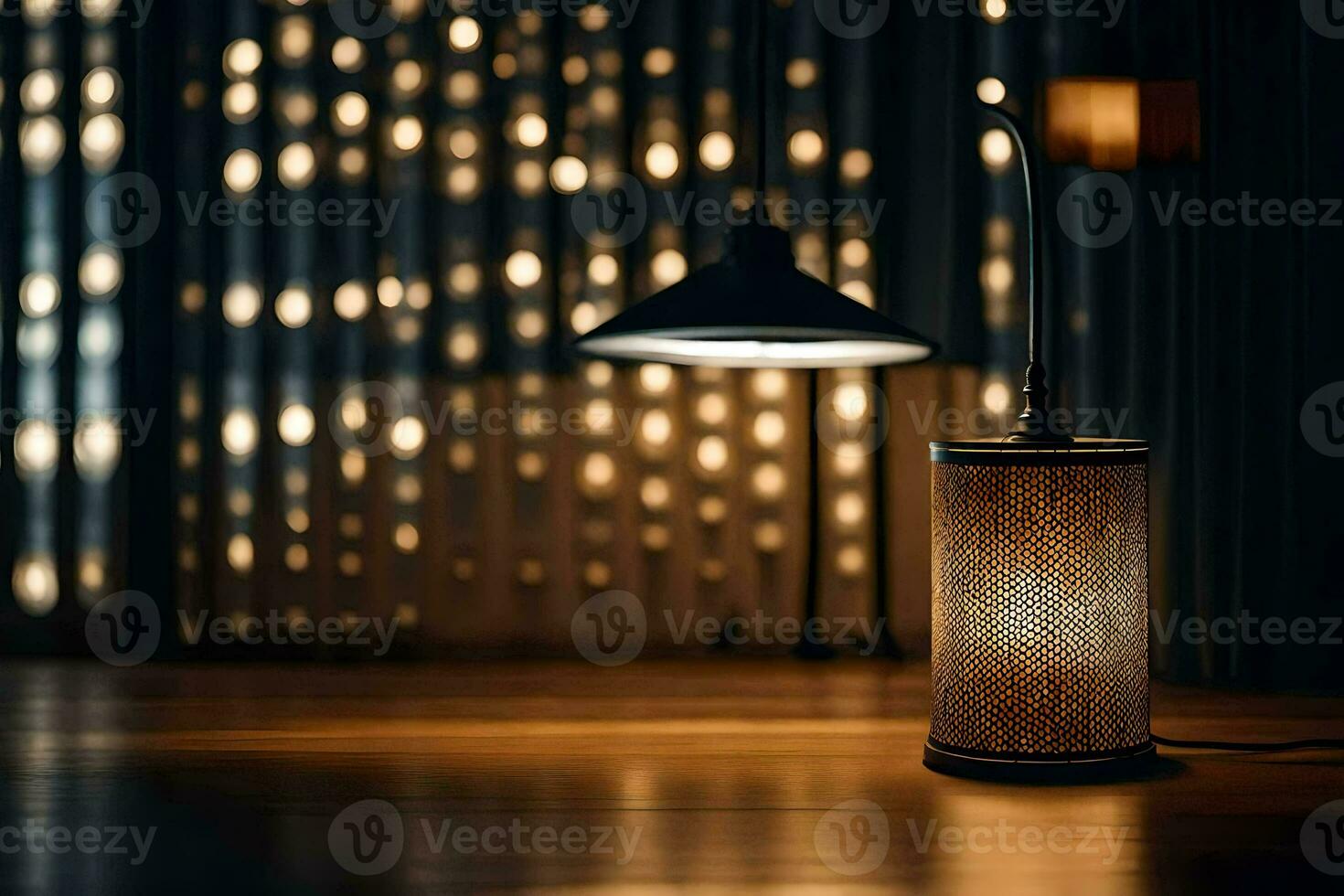 a lamp is sitting on a table in front of a curtain. AI-Generated photo