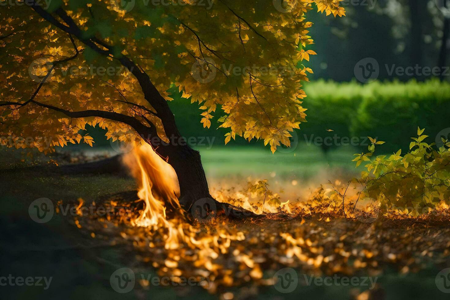 a tree with flames coming out of it in the middle of the night. AI-Generated photo