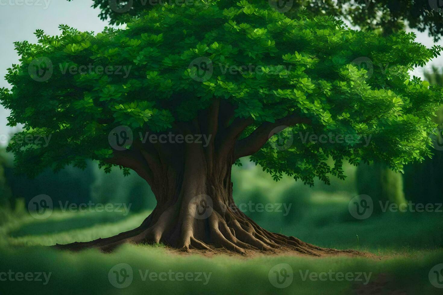 a tree with green leaves and a green background. AI-Generated photo