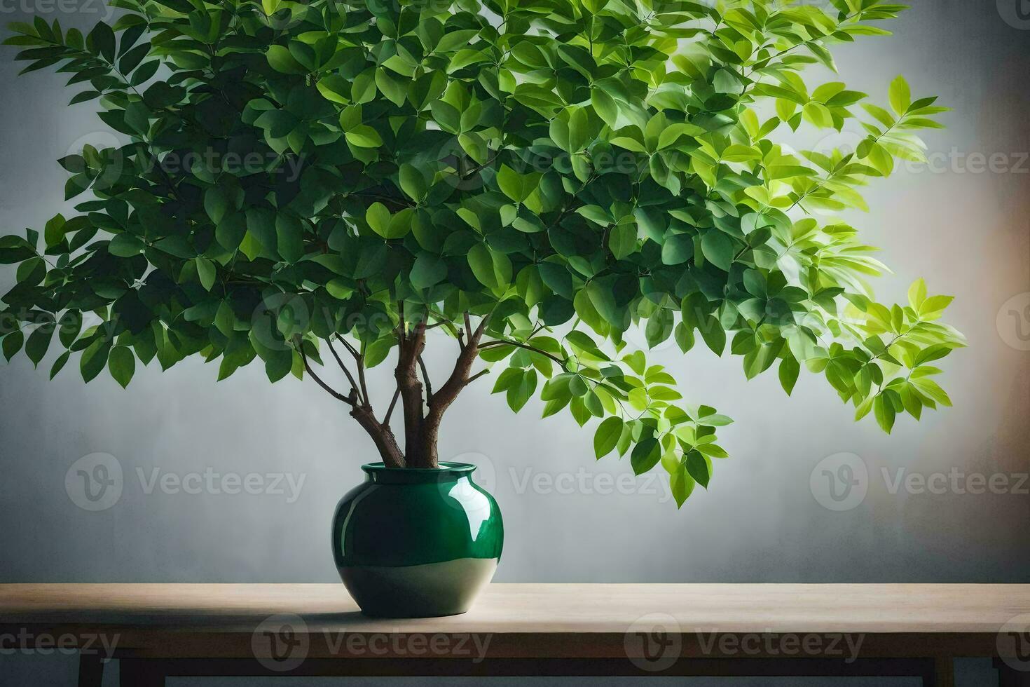a green plant in a vase on a table. AI-Generated photo