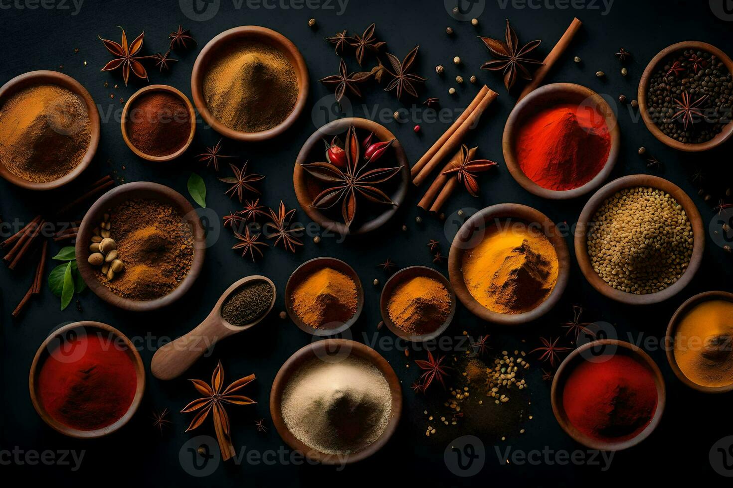 spices and spices in bowls on a black background. AI-Generated photo