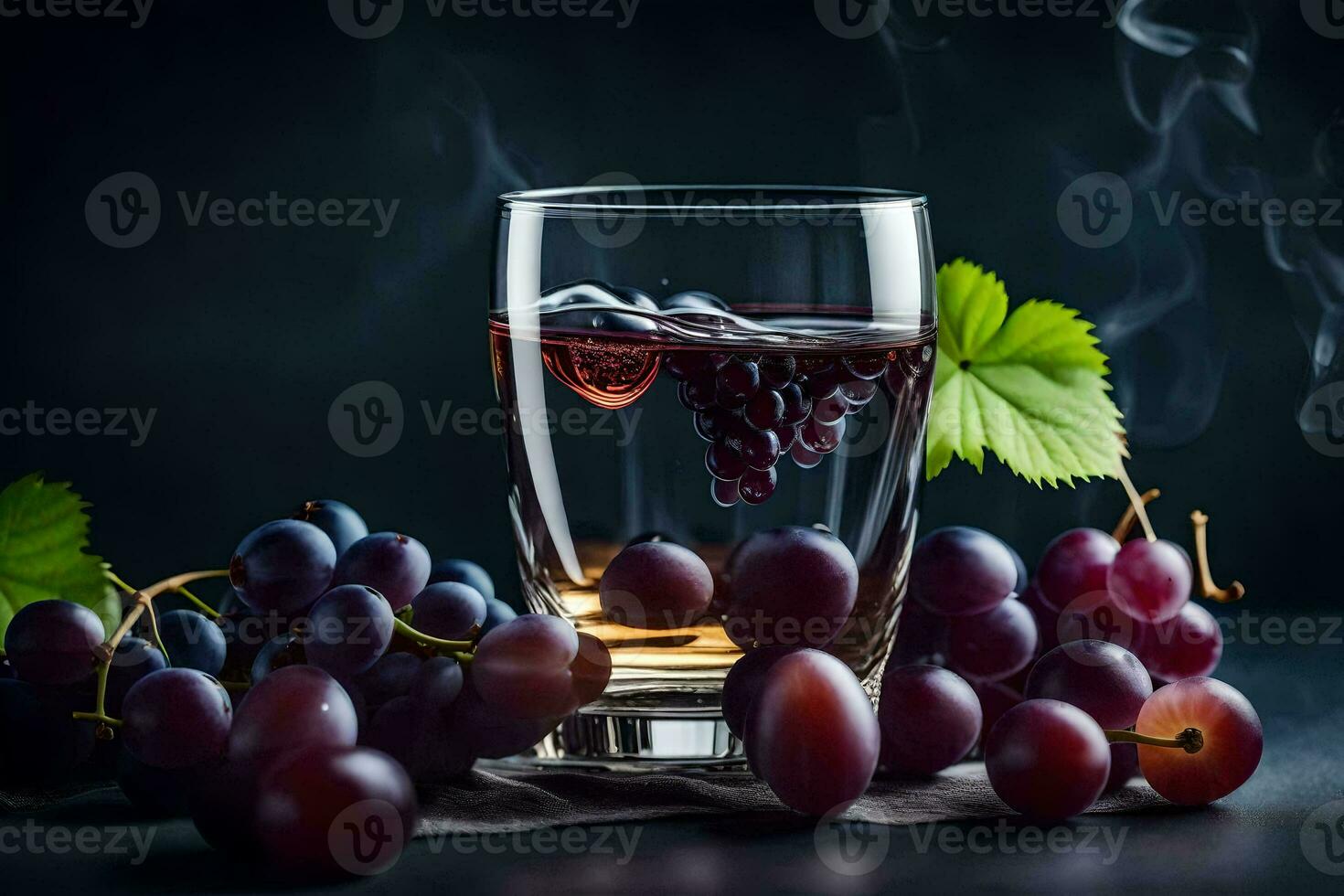 a glass of wine with grapes and smoke. AI-Generated photo