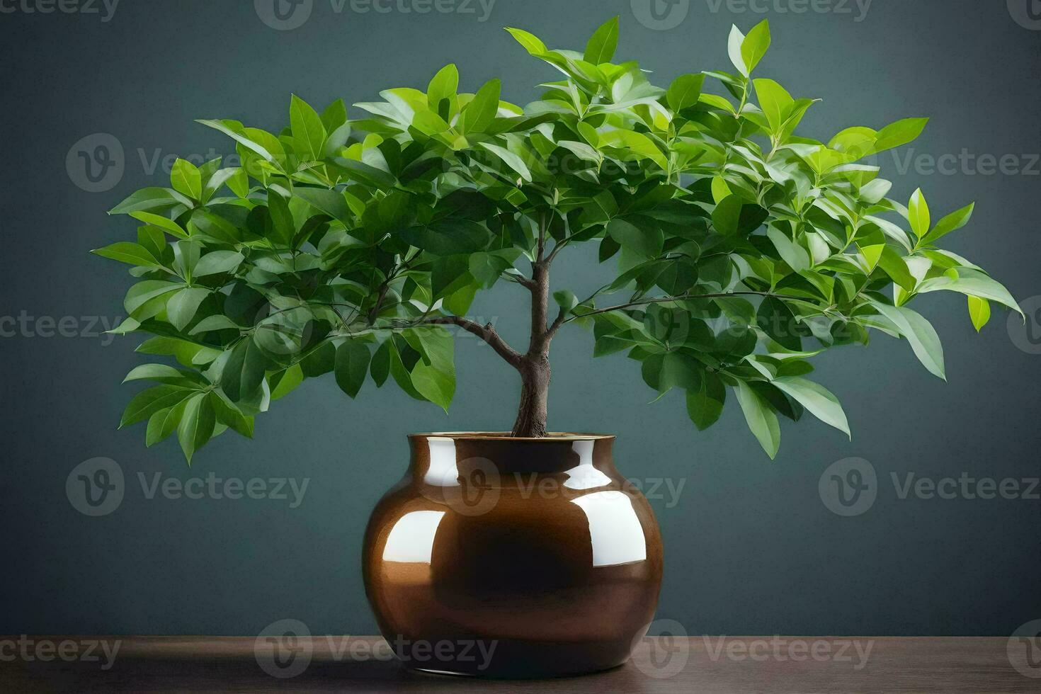 a small plant in a brown vase on a table. AI-Generated photo