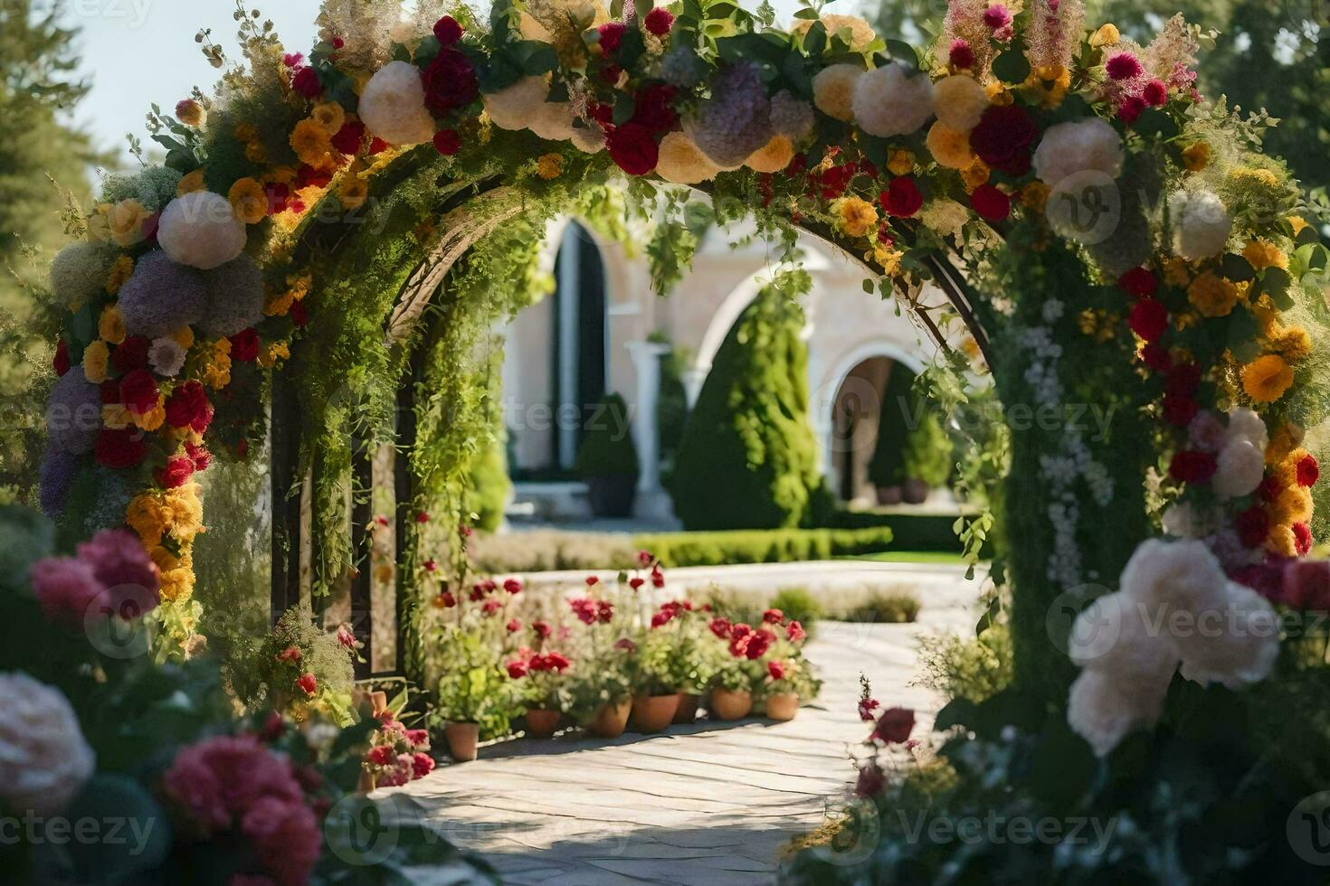 a wedding arch decorated with flowers in the garden. AI-Generated photo