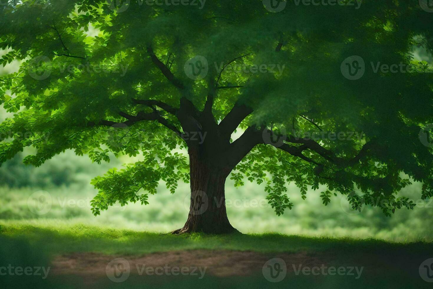a tree is standing in the middle of a field. AI-Generated photo