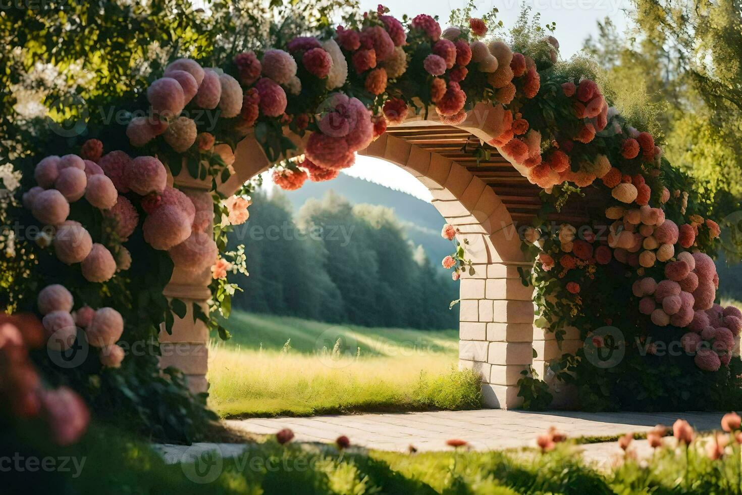 a flower archway in the middle of a field. AI-Generated photo