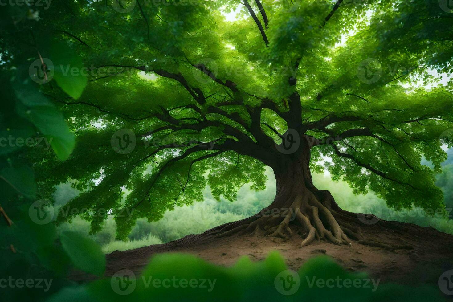 a large tree with roots in the middle of a forest. AI-Generated photo