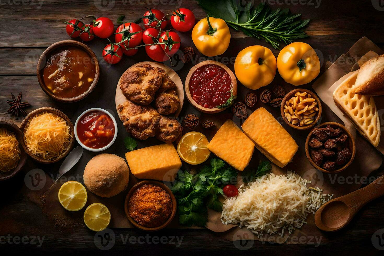 un variedad de comidas incluso queso, carne, pan, Tomates y otro ingredientes. generado por ai foto