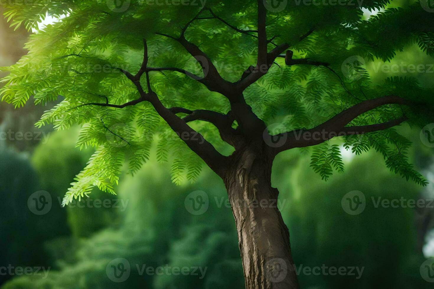 a tree in the middle of a field with green leaves. AI-Generated photo