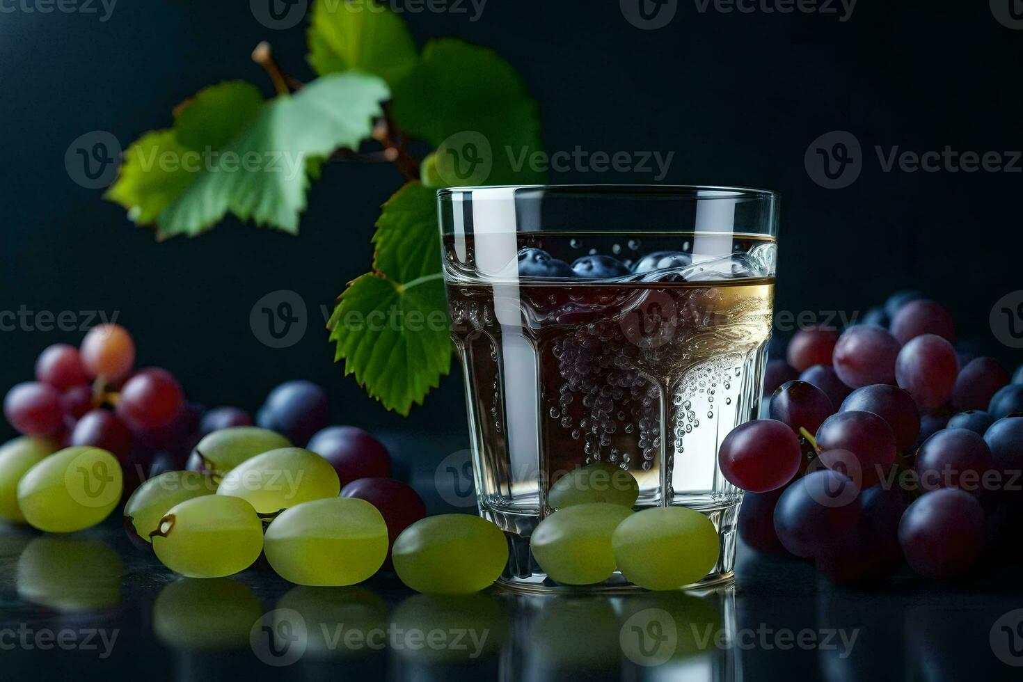 a glass of water with grapes and leaves. AI-Generated photo