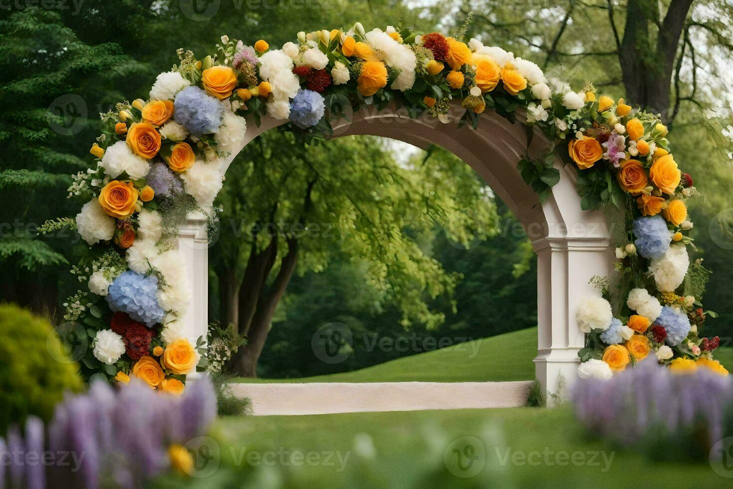 un Boda arco decorado con flores en el parque. generado por ai foto