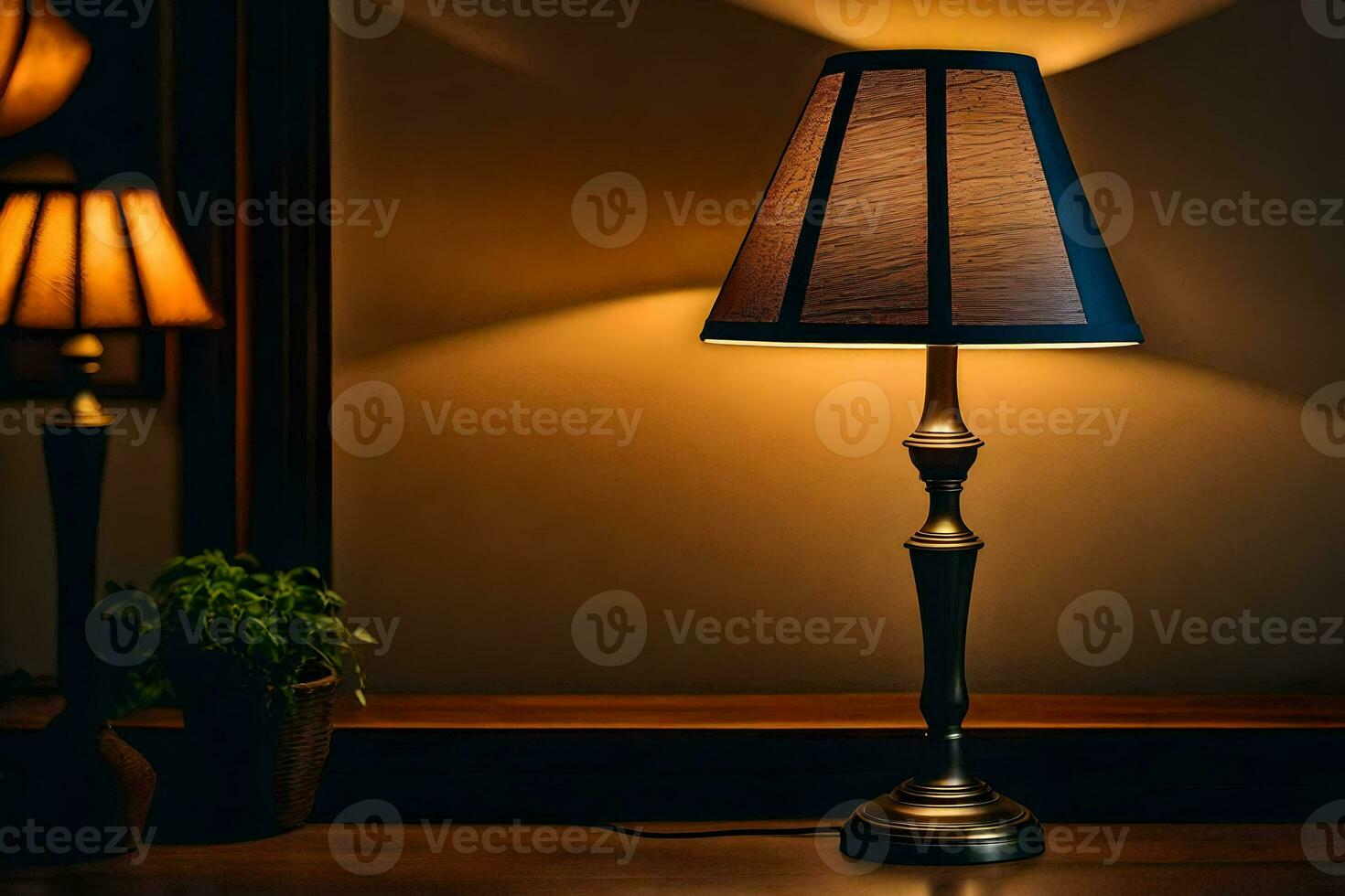 a lamp is on a table in front of a window. AI-Generated photo