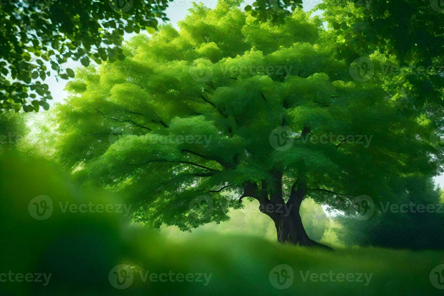 a large green tree in the middle of a lush green forest. AI-Generated photo