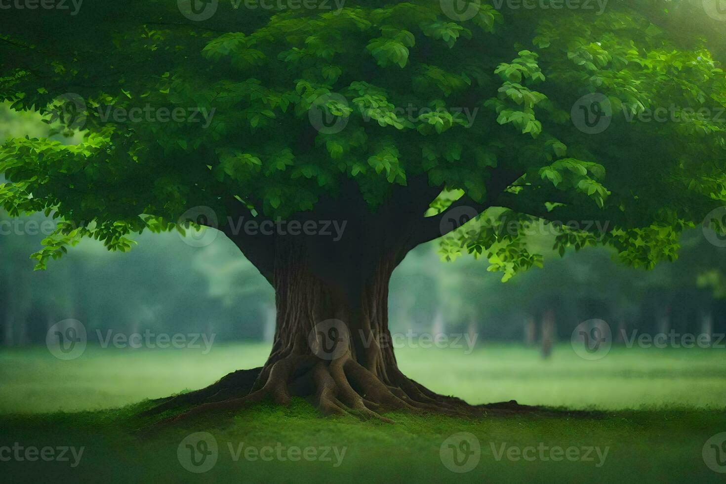 a tree with roots in the middle of a green field. AI-Generated photo