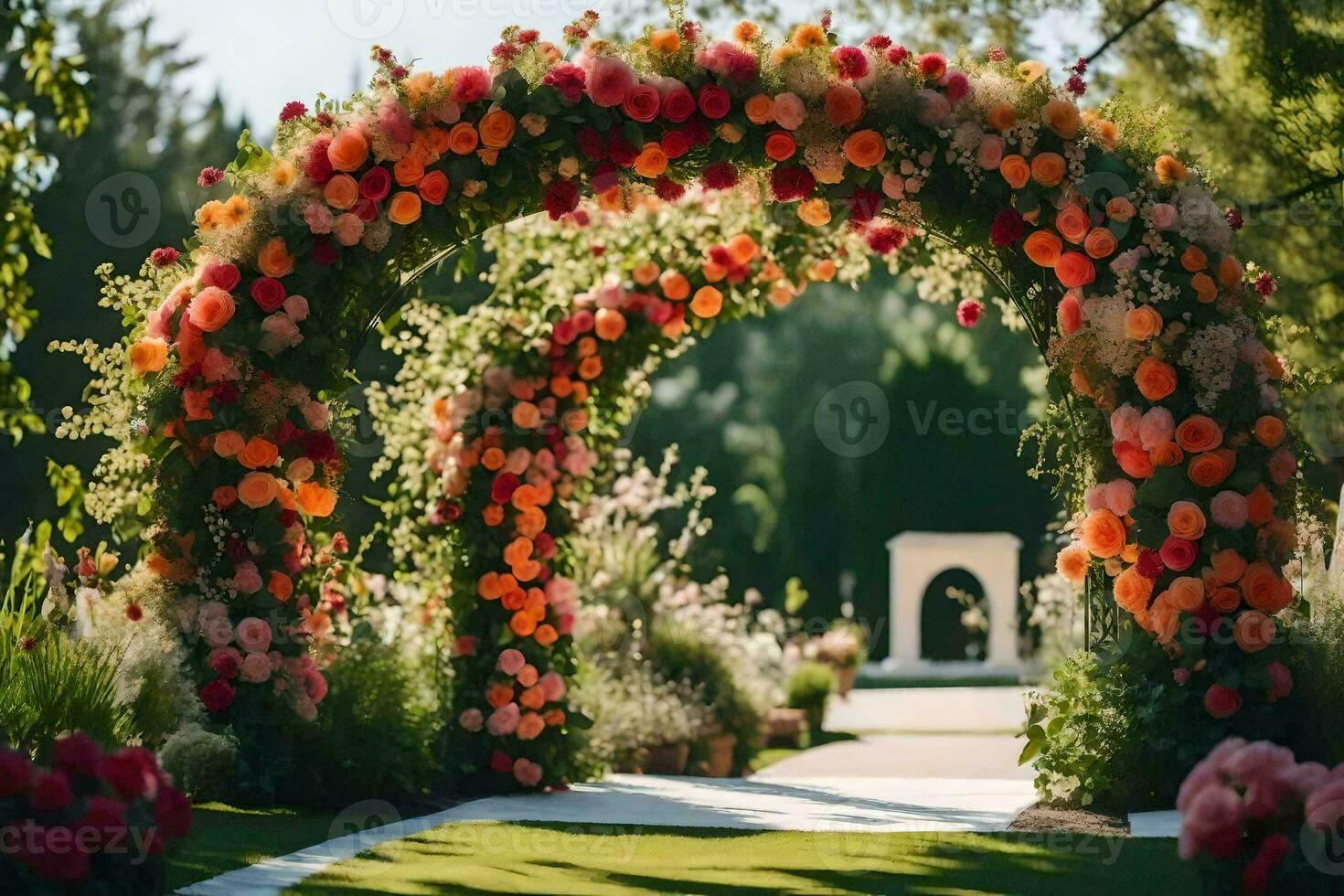 a flower archway with orange and pink flowers. AI-Generated photo