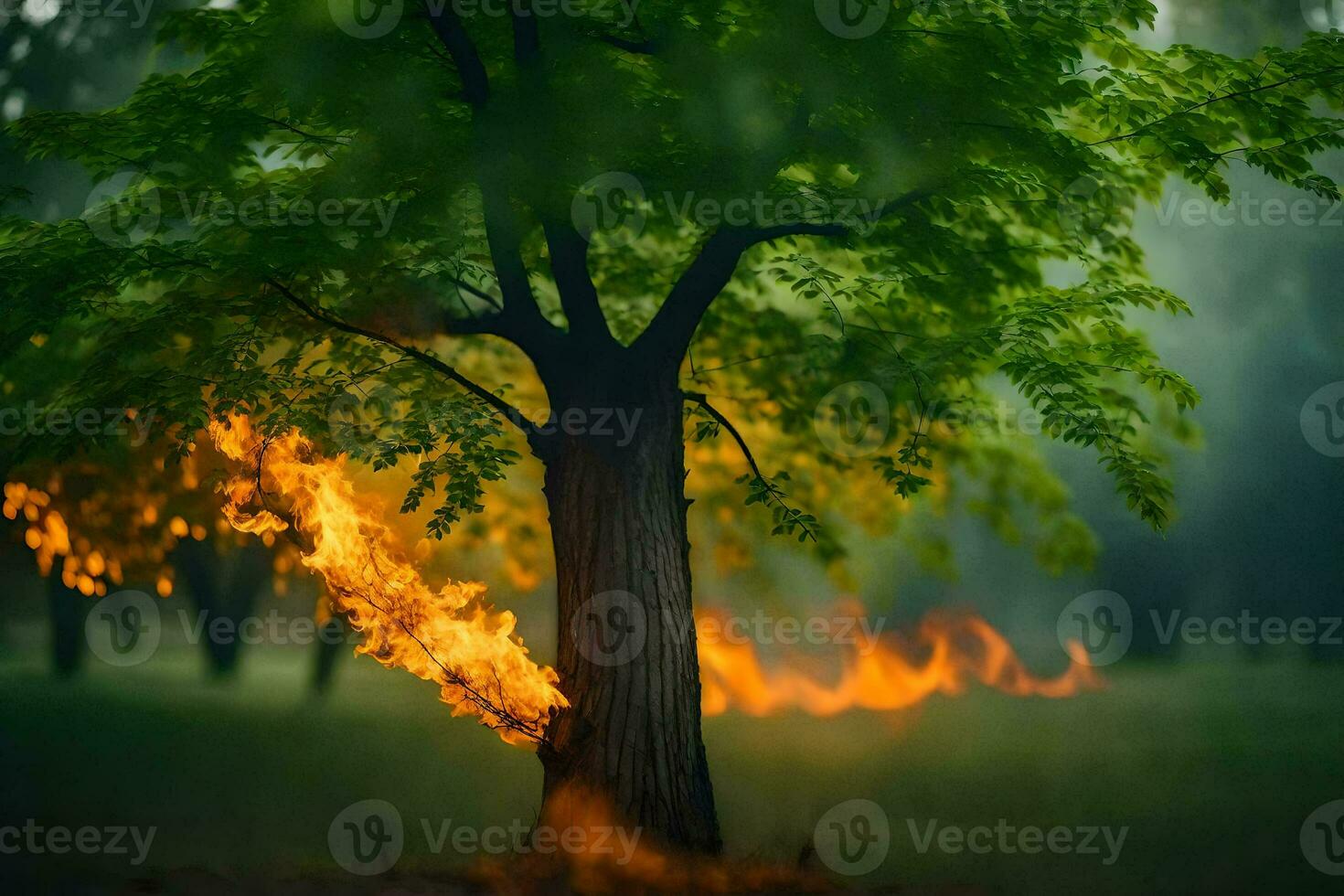 a tree with flames coming out of it in the middle of the forest. AI-Generated photo