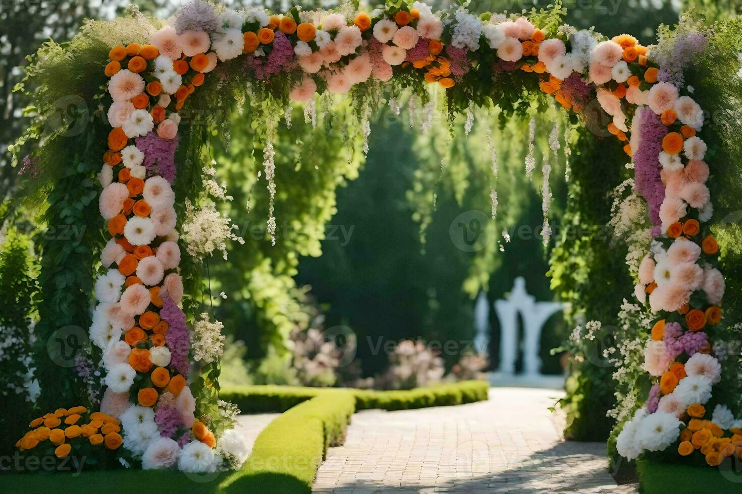 a wedding arch made of flowers in the garden. AI-Generated photo