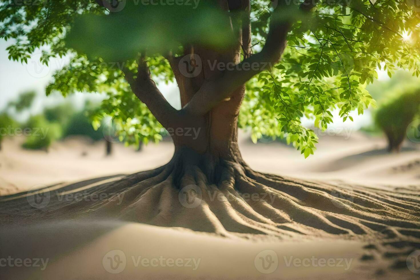 a tree with roots in the sand. AI-Generated photo