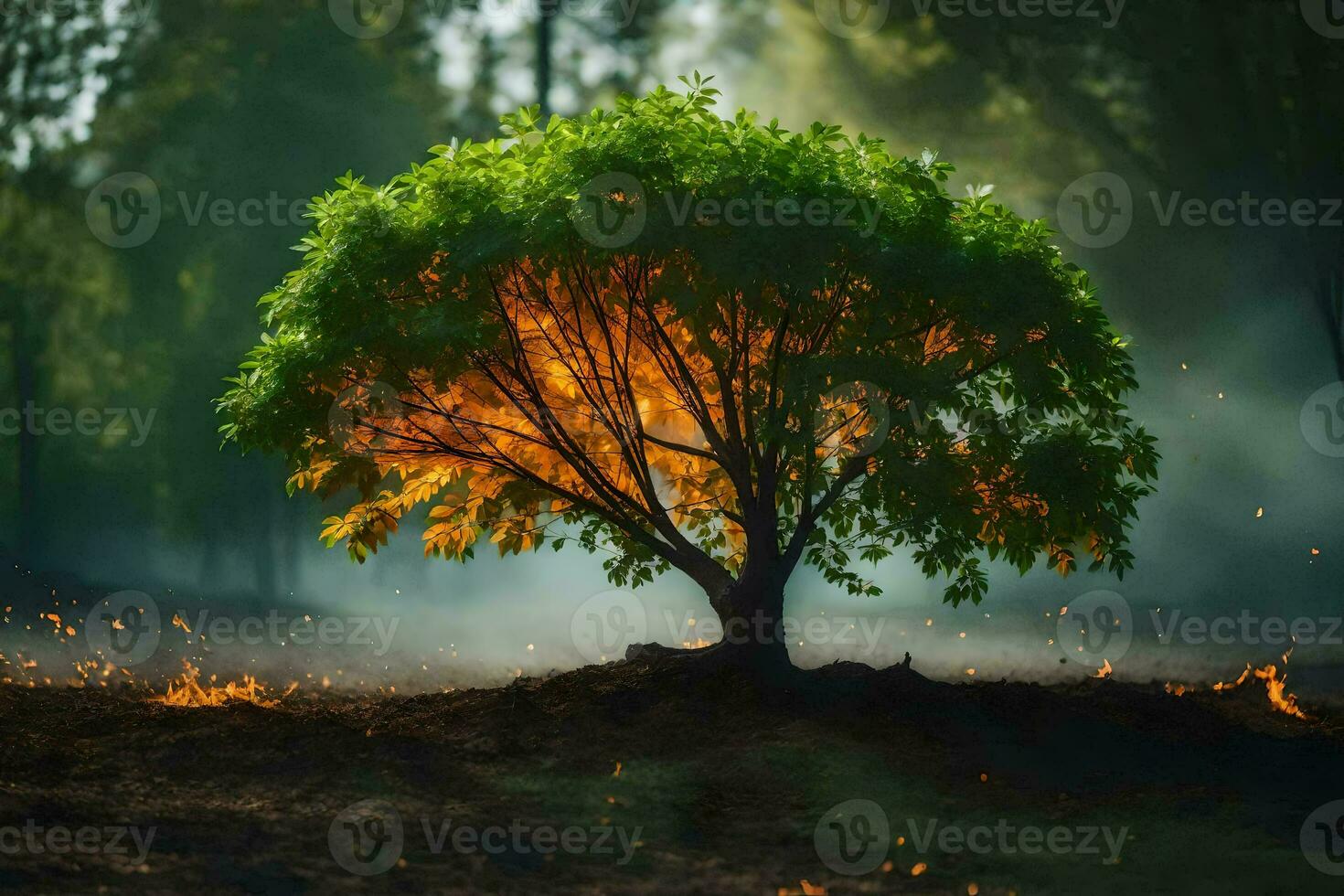 a tree with flames coming out of it in the middle of a forest. AI-Generated photo