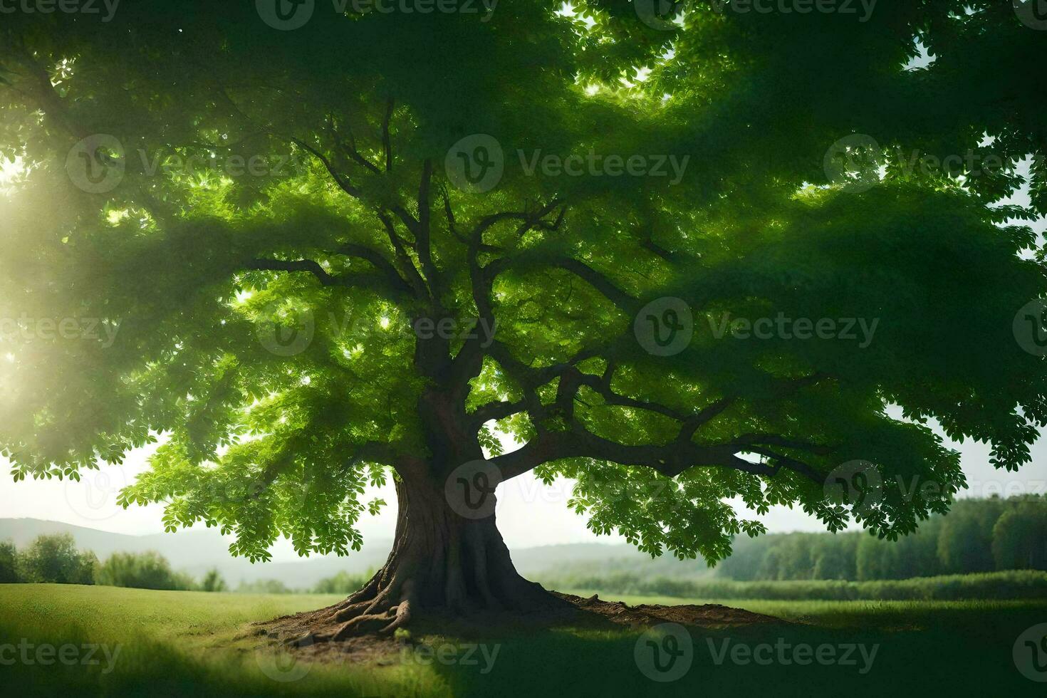 a large tree in the middle of a field. AI-Generated photo