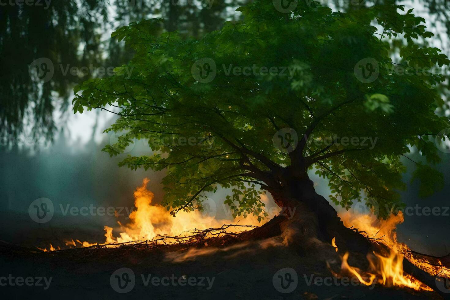 a tree with flames coming out of it in the middle of a forest. AI-Generated photo