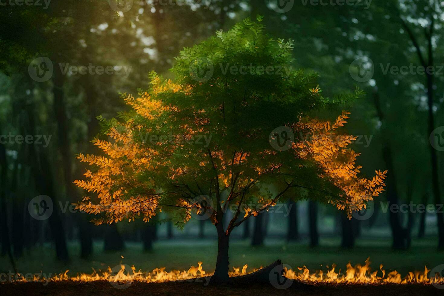 a tree with orange leaves in the middle of a forest. AI-Generated photo