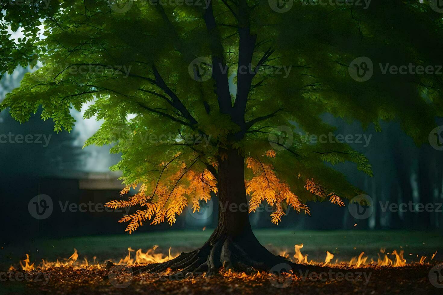 foto fondo de pantalla el cielo, árbol, fuego, el bosque, el noche, el bosque, el. generado por ai