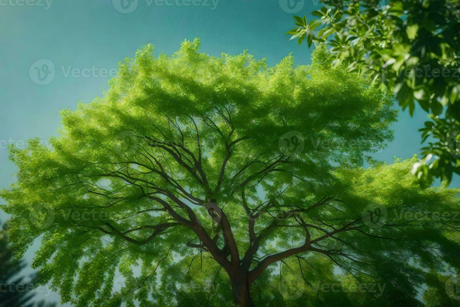 un árbol es mostrado en el cielo con verde hojas. generado por ai foto