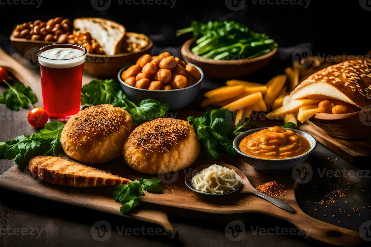 a variety of food on a wooden board. AI-Generated photo