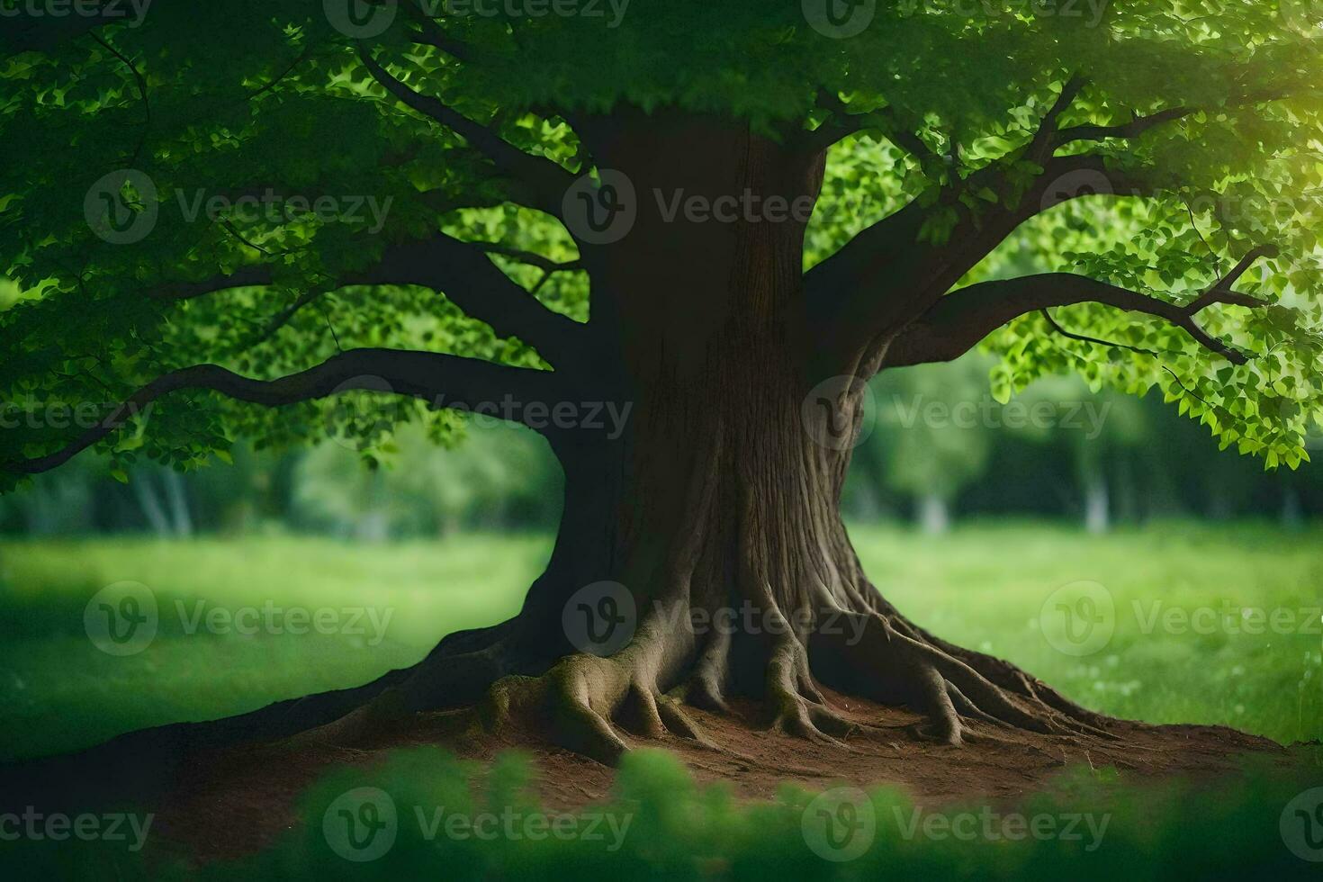 a large tree with roots in the grass. AI-Generated photo