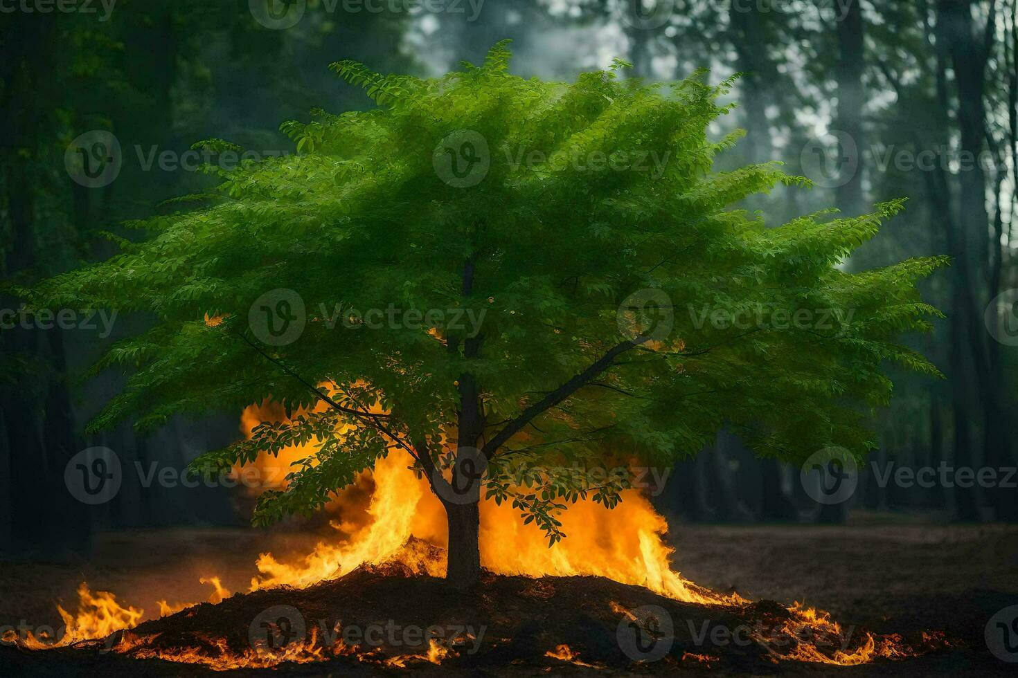 a tree is burning in the middle of a forest. AI-Generated photo