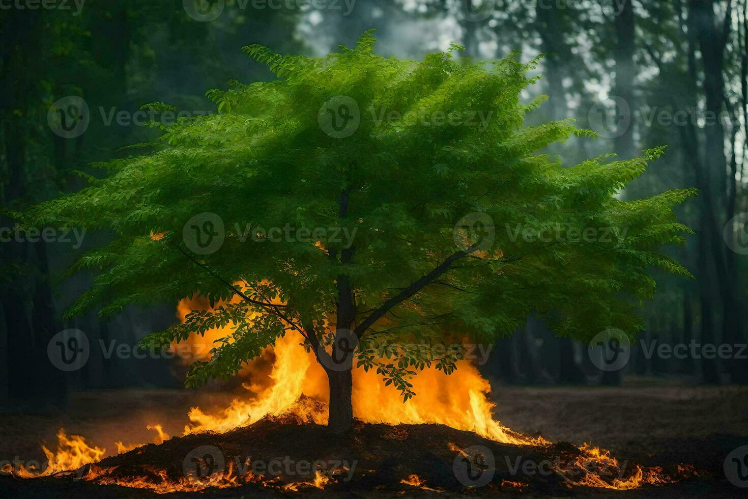 un árbol es ardiente en el medio de un bosque. generado por ai foto