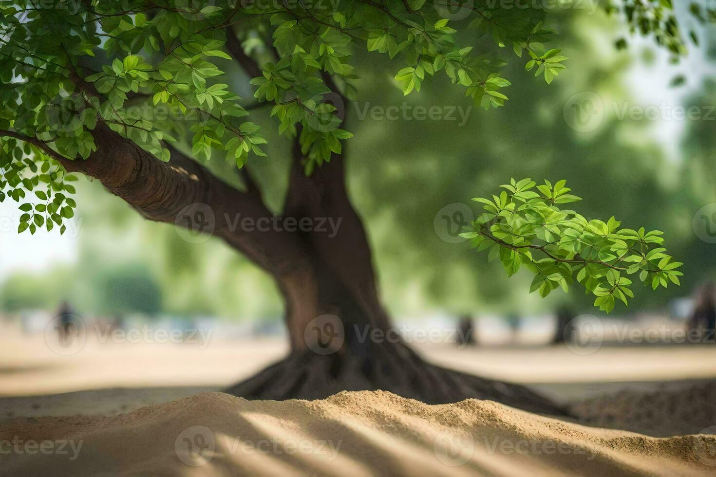 a tree in the sand with a sand dune in the background. AI-Generated photo