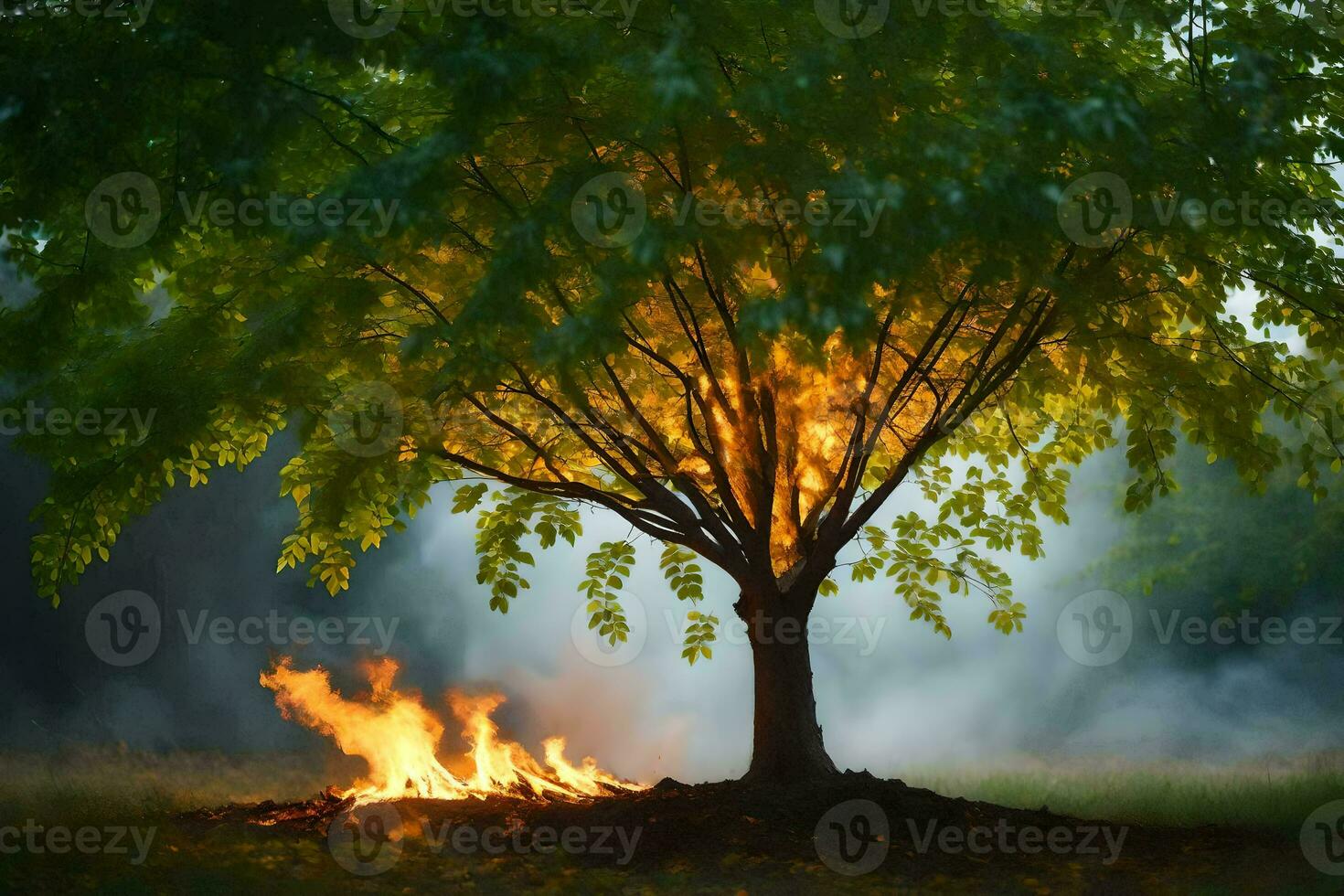 a tree with flames coming out of it in the middle of the night. AI-Generated photo