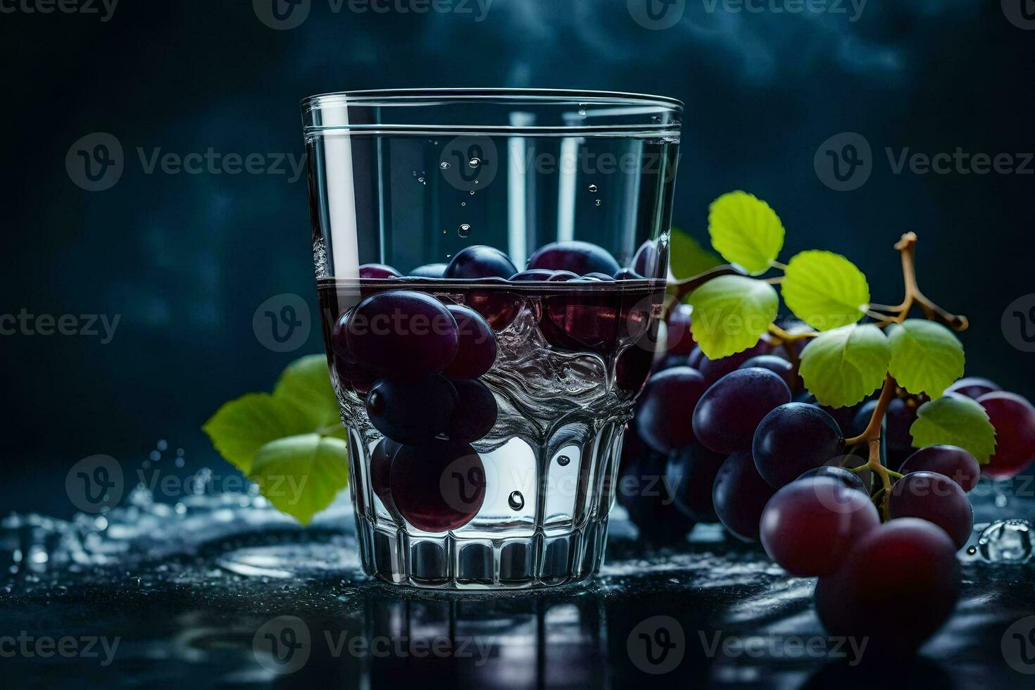 a glass of water with grapes and leaves. AI-Generated photo