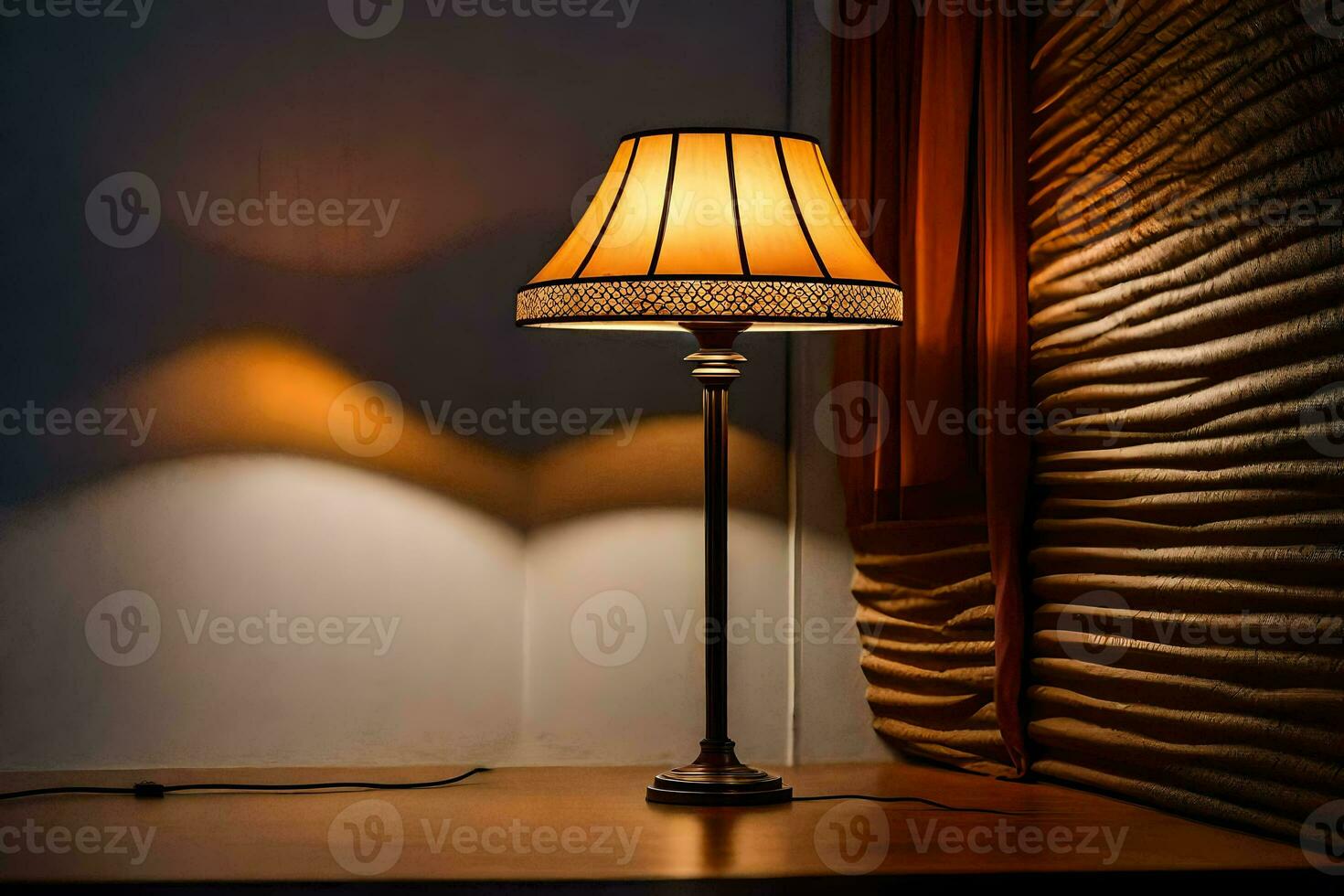 a lamp on a table in front of a window. AI-Generated photo