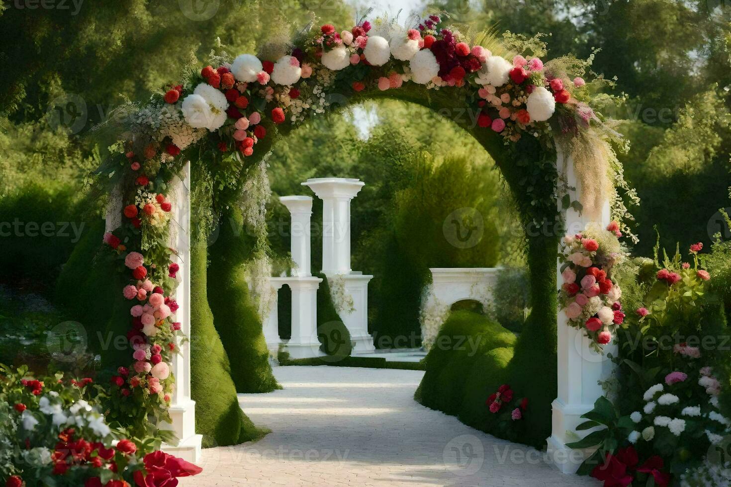 un hermosa arco decorado con flores y verdor. generado por ai foto