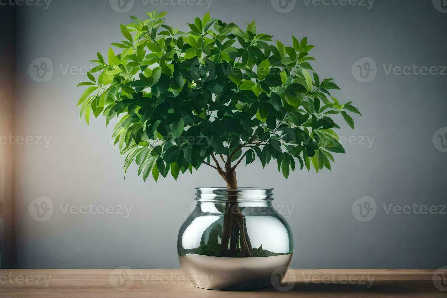 a small tree in a glass vase on a table. AI-Generated photo